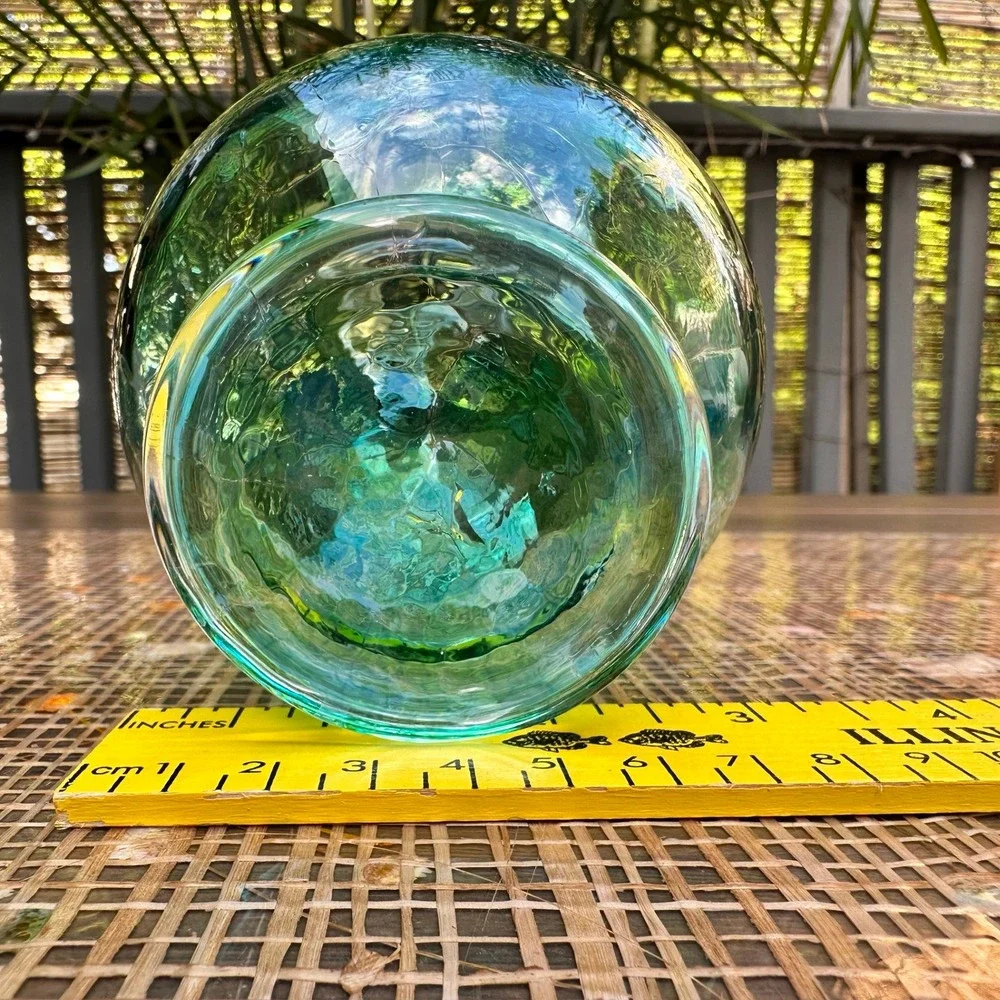 Handblown Glass Ball Flower Vase Green Blue Crackle Texture Round Bud Vase - Picture 6 of 8
